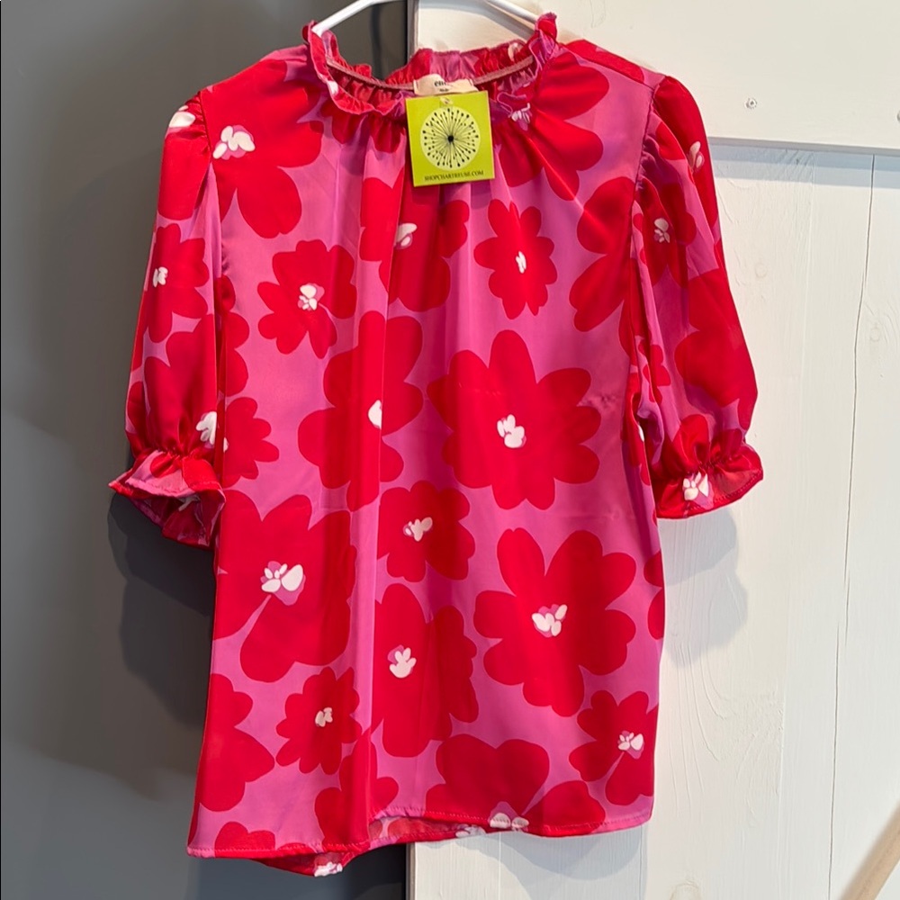 Entro- Pink and Red Floral Blouse with Puffed Sleeves, Size M.
